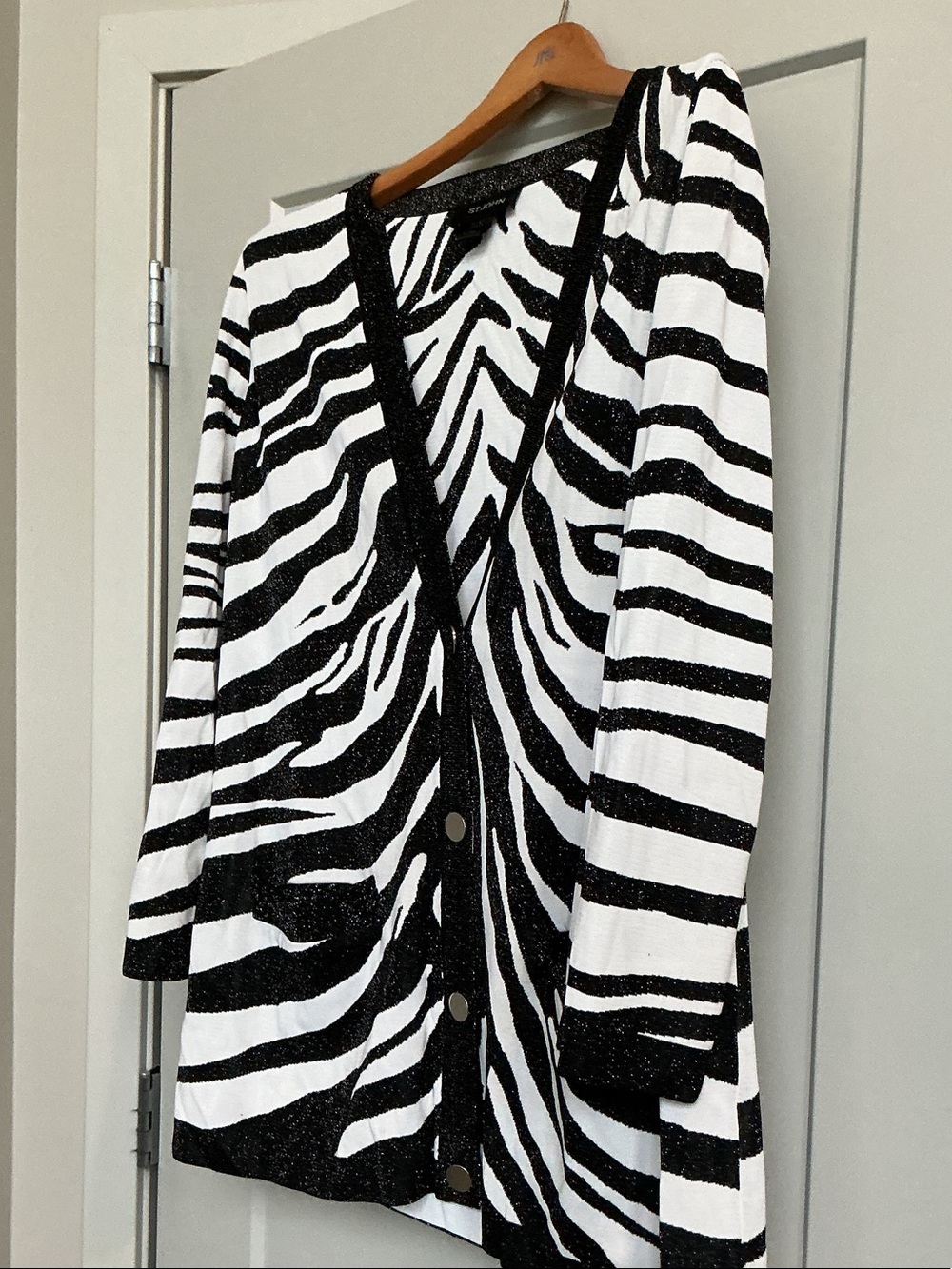 St. John Black & White Zebra Stripe V-Neck Cardigan